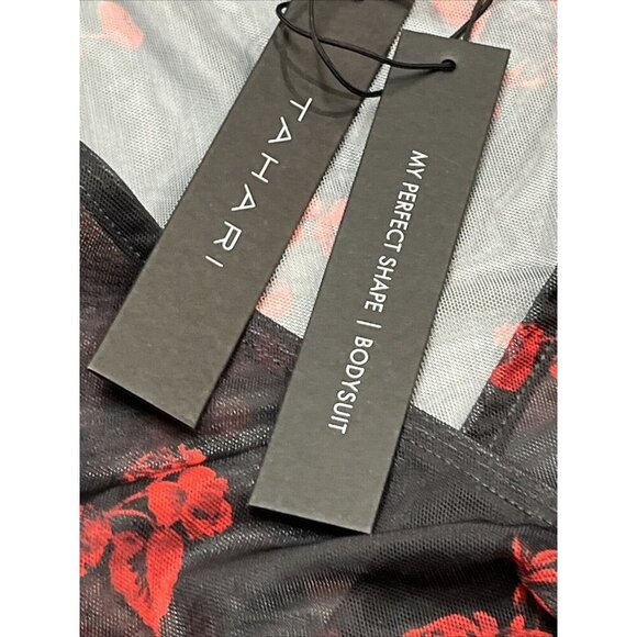 Tahari Bodysuit Women XL‎ Black Red Mesh Floral Roses Surplice Witchy Whisigoth - Picture 6 of 10